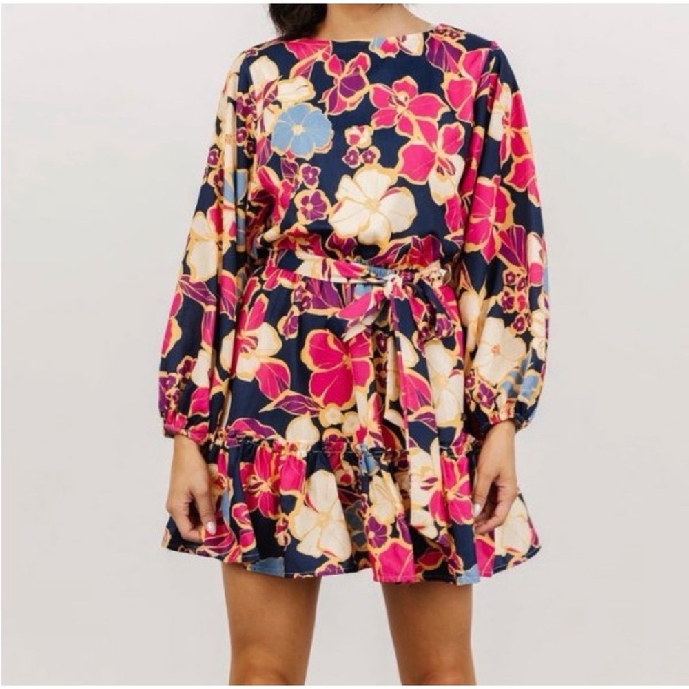 Baltic‎ Born tally mini dress floral colorful balloon long sleeve tie belt large